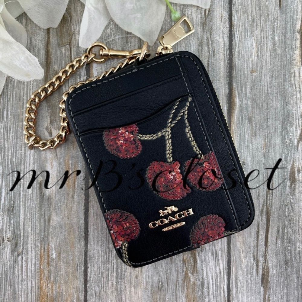 Coach Zip Card Case With Cherry Print Smooth Leather Wallet Bag Purse